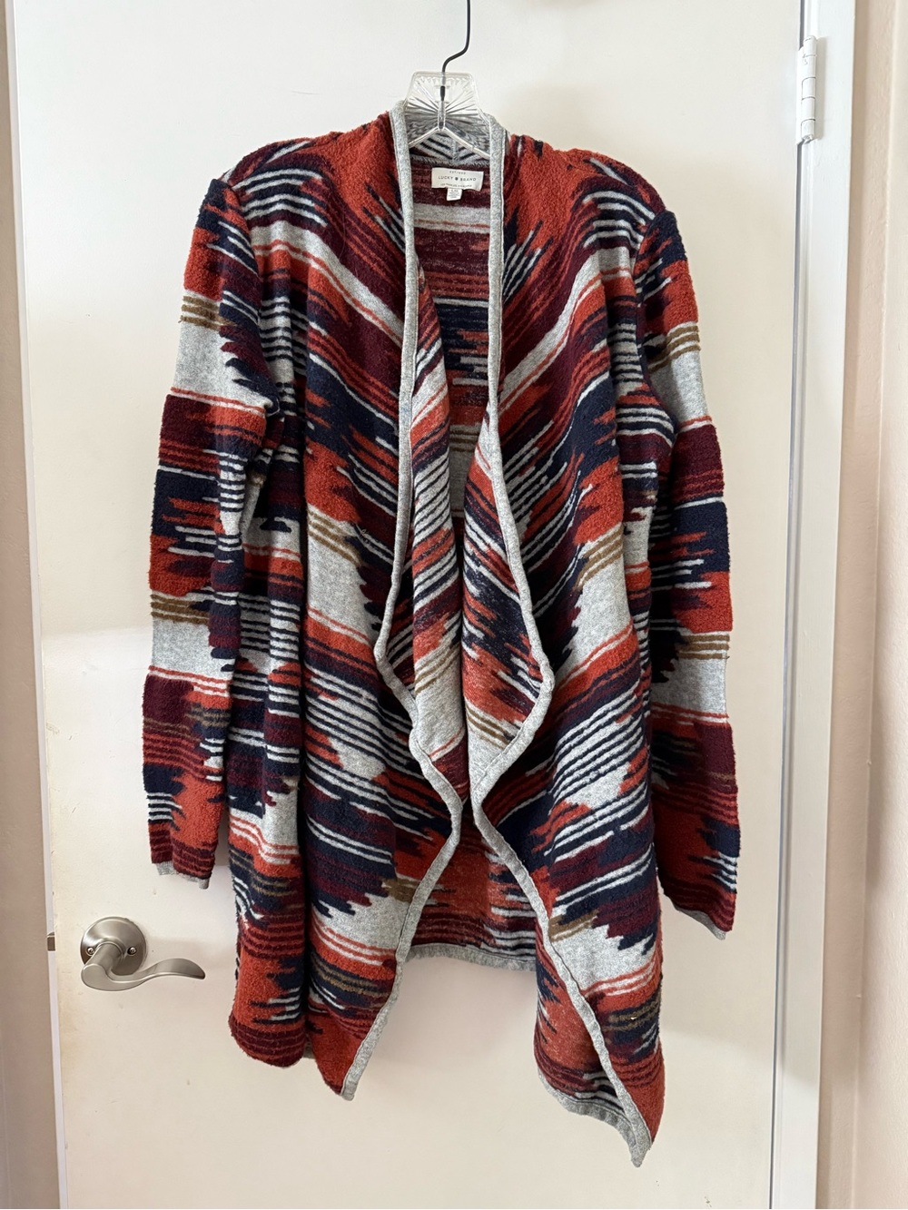 Lucky Brand Draped Open-Front Cardigan in Rust, Navy & Gray Pattern
